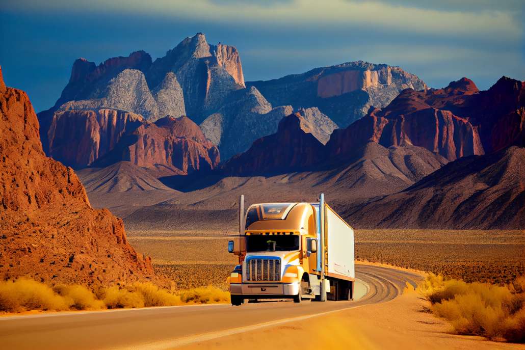 truck-with-white-trailer-drives-down-road-with-mountains-background